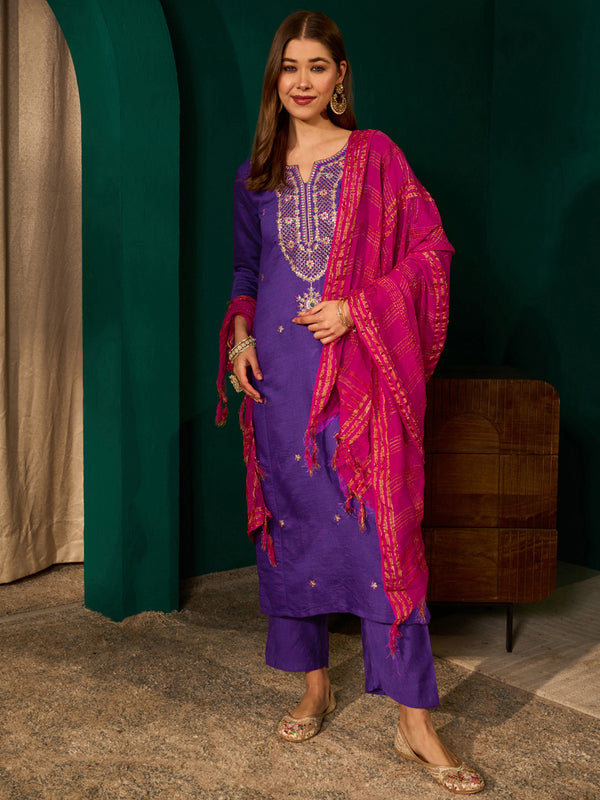 Women's Silk Slub Embroidered Straight Kurta Pant & Jacquard Dupatta Set