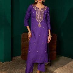 Women's Silk Slub Embroidered Straight Kurta Pant & Jacquard Dupatta Set