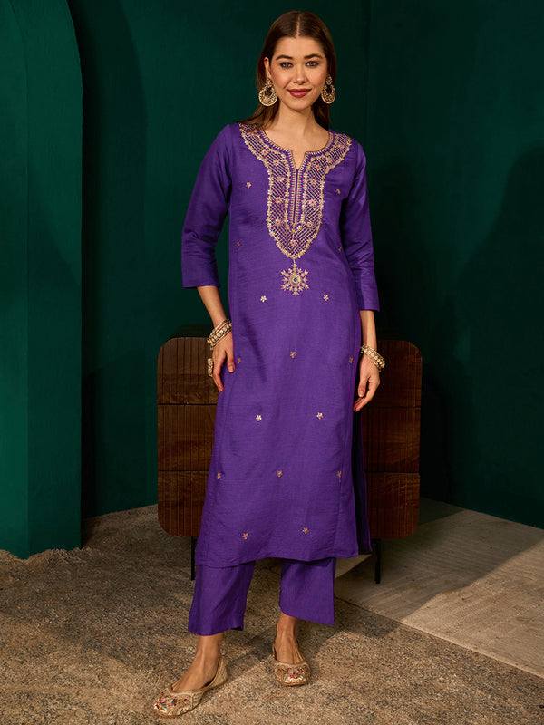 Women's Silk Slub Embroidered Straight Kurta Pant & Jacquard Dupatta Set