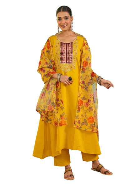 Women's Viscose Silk Embroidered A-Line Kurta with Pant & Dupatta Set