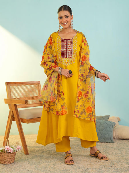 Women's Viscose Silk Embroidered A-Line Kurta with Pant & Dupatta Set