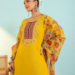 Women's Viscose Silk Embroidered A-Line Kurta with Pant & Dupatta Set
