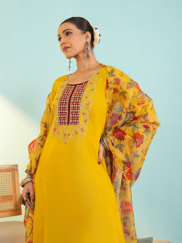 Women's Viscose Silk Embroidered A-Line Kurta with Pant & Dupatta Set