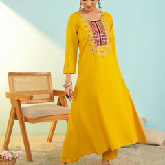Women's Viscose Silk Embroidered A-Line Kurta with Pant & Dupatta Set