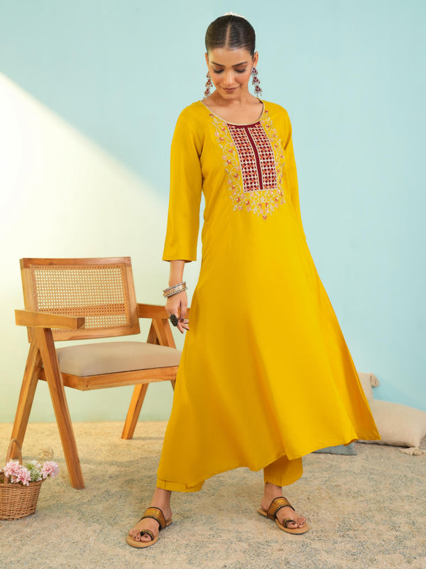 Women's Viscose Silk Embroidered A-Line Kurta with Pant & Dupatta Set