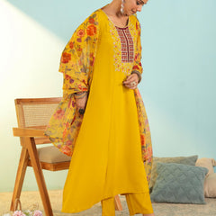 Women's Viscose Silk Embroidered A-Line Kurta with Pant & Dupatta Set