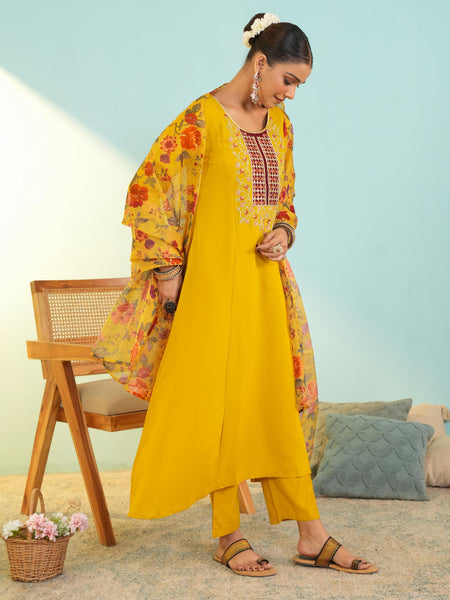 Women's Viscose Silk Embroidered A-Line Kurta with Pant & Dupatta Set