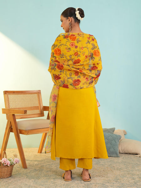 Women's Viscose Silk Embroidered A-Line Kurta with Pant & Dupatta Set