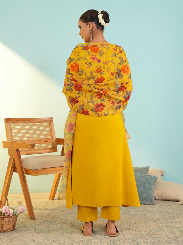 Women's Viscose Silk Embroidered A-Line Kurta with Pant & Dupatta Set