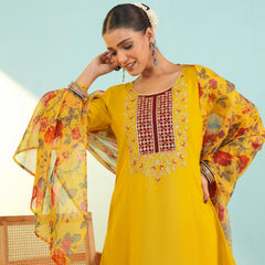 Women's Viscose Silk Embroidered A-Line Kurta with Pant & Dupatta Set