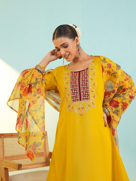 Women's Viscose Silk Embroidered A-Line Kurta with Pant & Dupatta Set