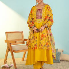 Women's Viscose Silk Embroidered A-Line Kurta with Pant & Dupatta Set