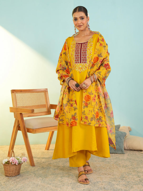 Women's Viscose Silk Embroidered A-Line Kurta with Pant & Dupatta Set