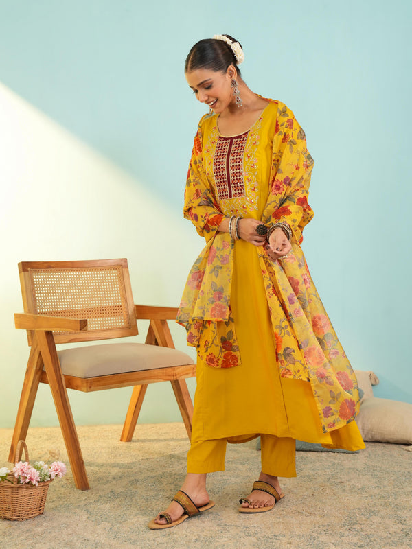 Women's Viscose Silk Embroidered A-Line Kurta with Pant & Dupatta Set