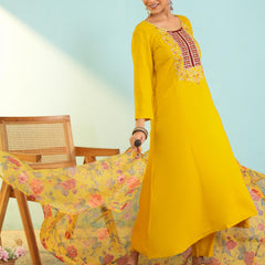 Women's Viscose Silk Embroidered A-Line Kurta with Pant & Dupatta Set