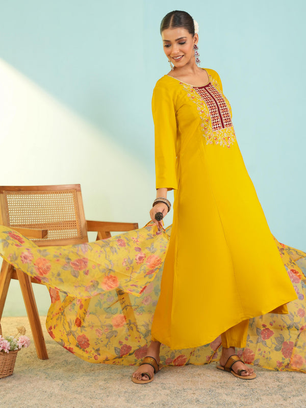 Women's Viscose Silk Embroidered A-Line Kurta with Pant & Dupatta Set
