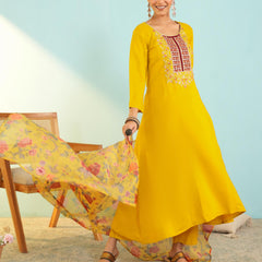 Women's Viscose Silk Embroidered A-Line Kurta with Pant & Dupatta Set
