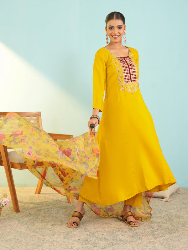 Women's Viscose Silk Embroidered A-Line Kurta with Pant & Dupatta Set