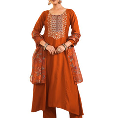 Women's Viscose Silk Embroidered A-Line Kurta with Pant & Dupatta Set