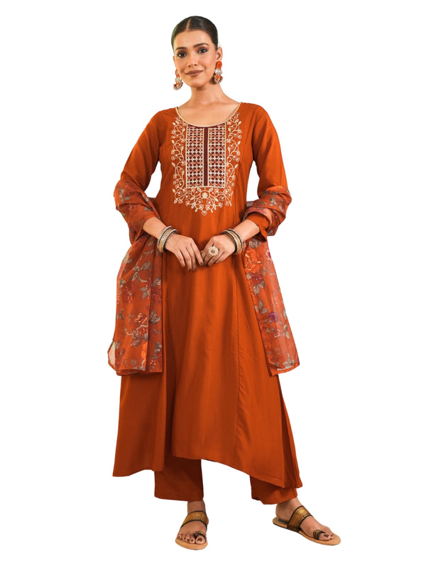 Women's Viscose Silk Embroidered A-Line Kurta with Pant & Dupatta Set