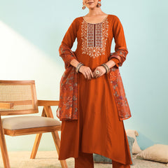 Women's Viscose Silk Embroidered A-Line Kurta with Pant & Dupatta Set