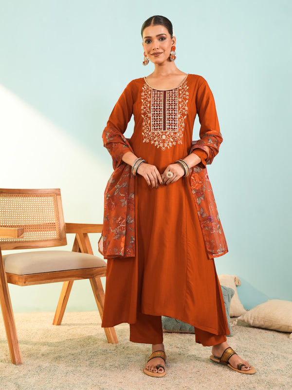 Women's Viscose Silk Embroidered A-Line Kurta with Pant & Dupatta Set