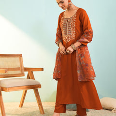 Women's Viscose Silk Embroidered A-Line Kurta with Pant & Dupatta Set