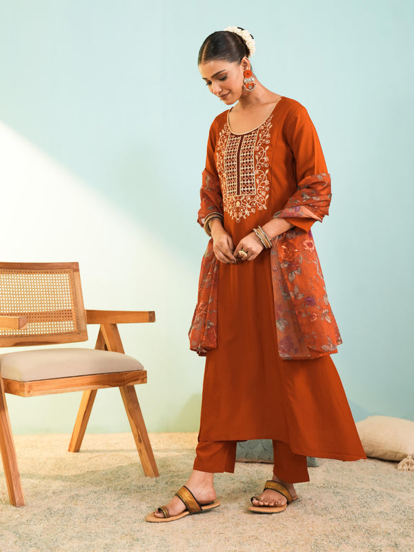 Women's Viscose Silk Embroidered A-Line Kurta with Pant & Dupatta Set