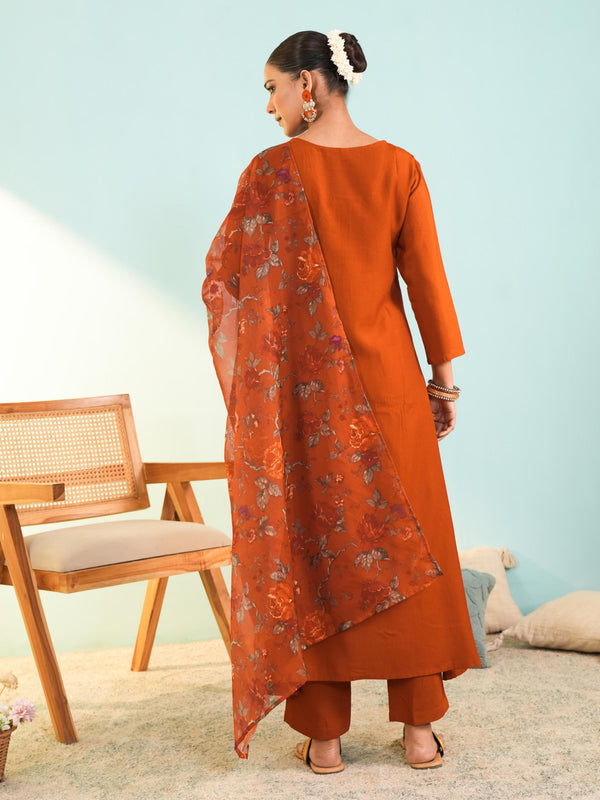 Women's Viscose Silk Embroidered A-Line Kurta with Pant & Dupatta Set