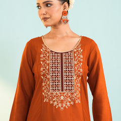 Women's Viscose Silk Embroidered A-Line Kurta with Pant & Dupatta Set