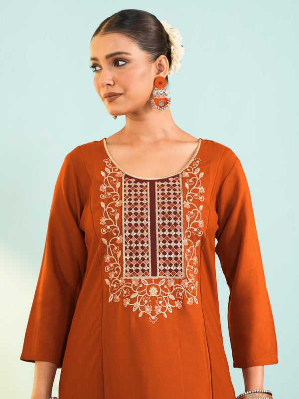 Women's Viscose Silk Embroidered A-Line Kurta with Pant & Dupatta Set