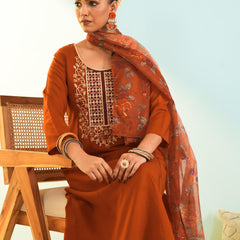 Women's Viscose Silk Embroidered A-Line Kurta with Pant & Dupatta Set