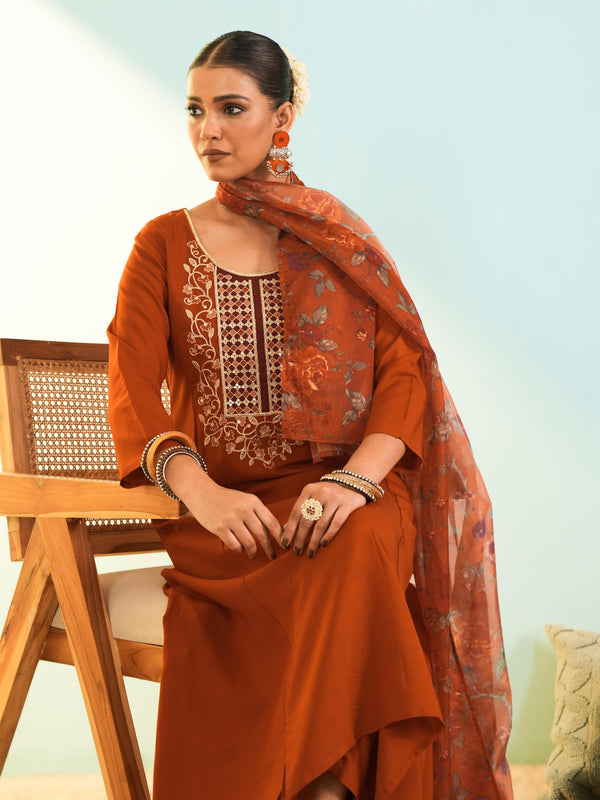 Women's Viscose Silk Embroidered A-Line Kurta with Pant & Dupatta Set
