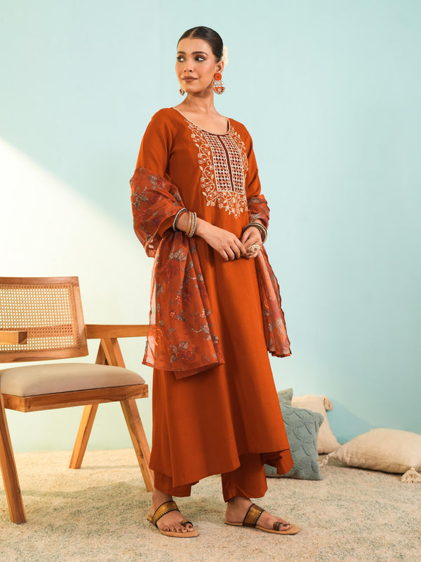 Women's Viscose Silk Embroidered A-Line Kurta with Pant & Dupatta Set