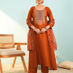 Women's Viscose Silk Embroidered A-Line Kurta with Pant & Dupatta Set