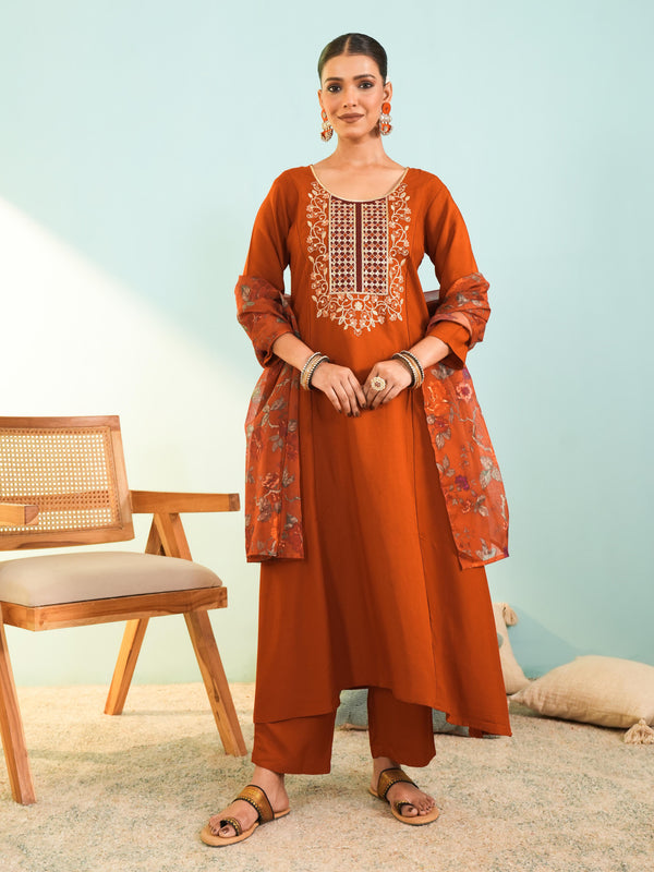 Women's Viscose Silk Embroidered A-Line Kurta with Pant & Dupatta Set