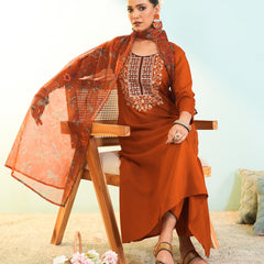 Women's Viscose Silk Embroidered A-Line Kurta with Pant & Dupatta Set