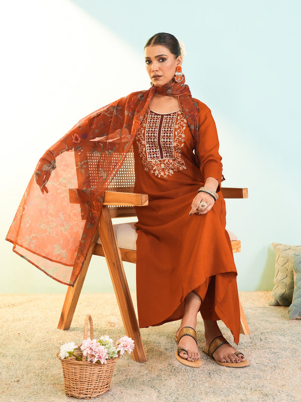 Women's Viscose Silk Embroidered A-Line Kurta with Pant & Dupatta Set