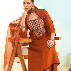 Women's Viscose Silk Embroidered A-Line Kurta with Pant & Dupatta Set