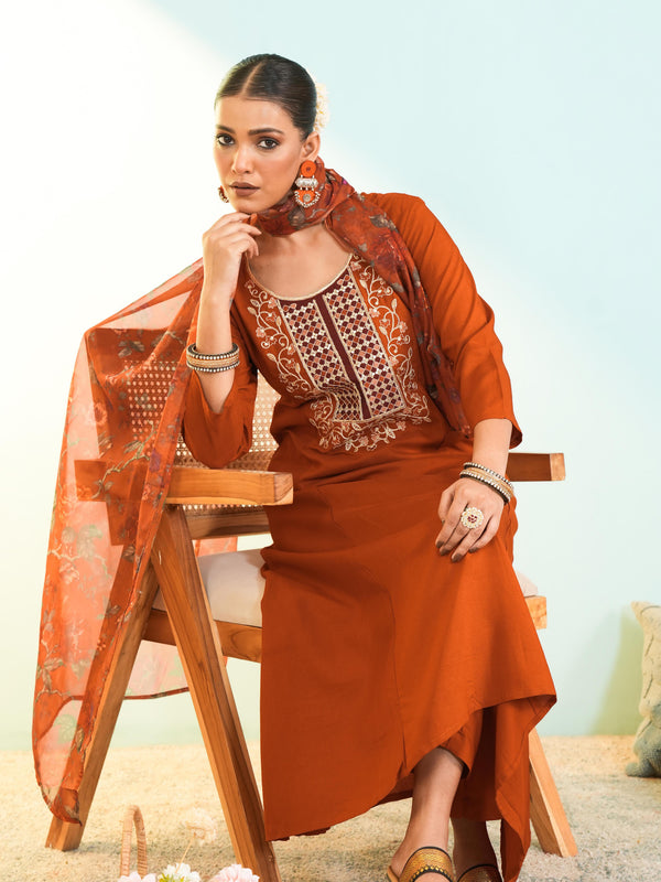 Women's Viscose Silk Embroidered A-Line Kurta with Pant & Dupatta Set