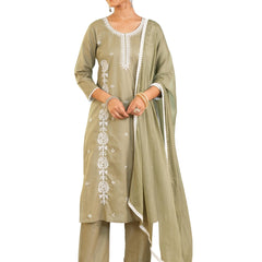 Women's Pure Cotton Embroidered Straight Kurta with Pant & Dupatta Set