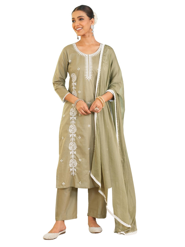 Women's Pure Cotton Embroidered Straight Kurta with Pant & Dupatta Set