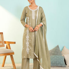 Women's Pure Cotton Embroidered Straight Kurta with Pant & Dupatta Set