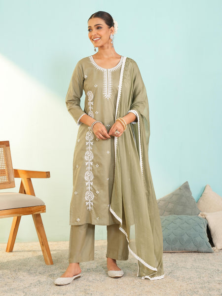 Women's Pure Cotton Embroidered Straight Kurta with Pant & Dupatta Set