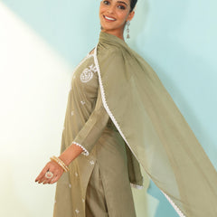 Women's Pure Cotton Embroidered Straight Kurta with Pant & Dupatta Set