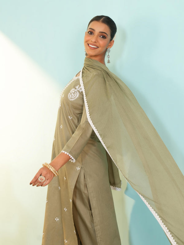 Women's Pure Cotton Embroidered Straight Kurta with Pant & Dupatta Set