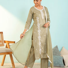 Women's Pure Cotton Embroidered Straight Kurta with Pant & Dupatta Set