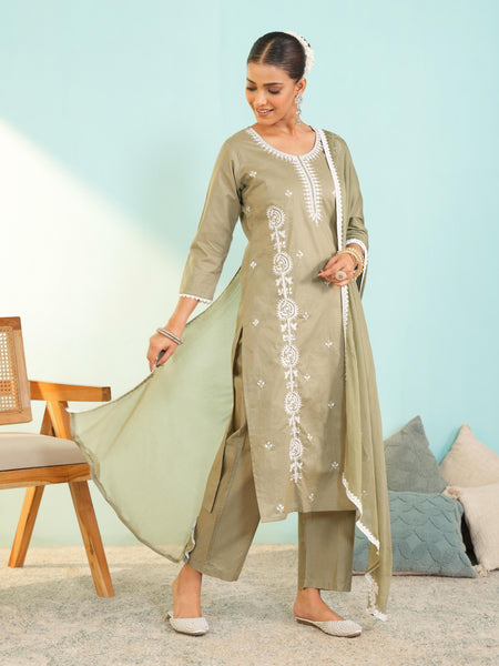 Women's Pure Cotton Embroidered Straight Kurta with Pant & Dupatta Set