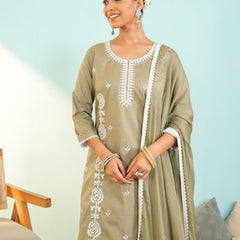 Women's Pure Cotton Embroidered Straight Kurta with Pant & Dupatta Set