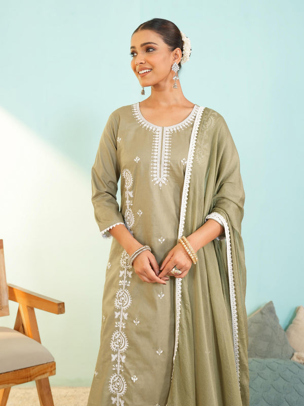 Women's Pure Cotton Embroidered Straight Kurta with Pant & Dupatta Set